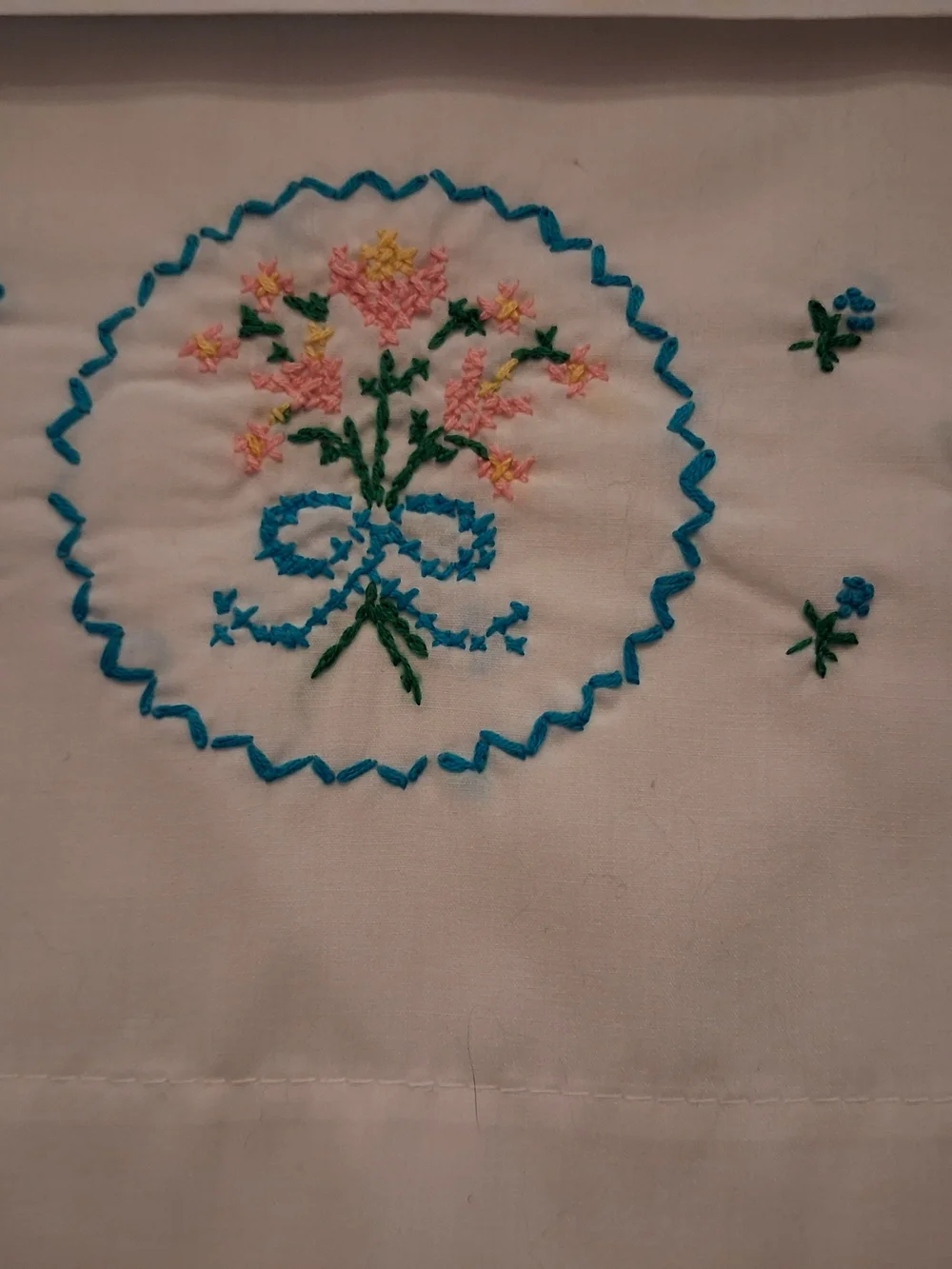 Vintage White Embroidered Pillowcases with Turquoise Flowers